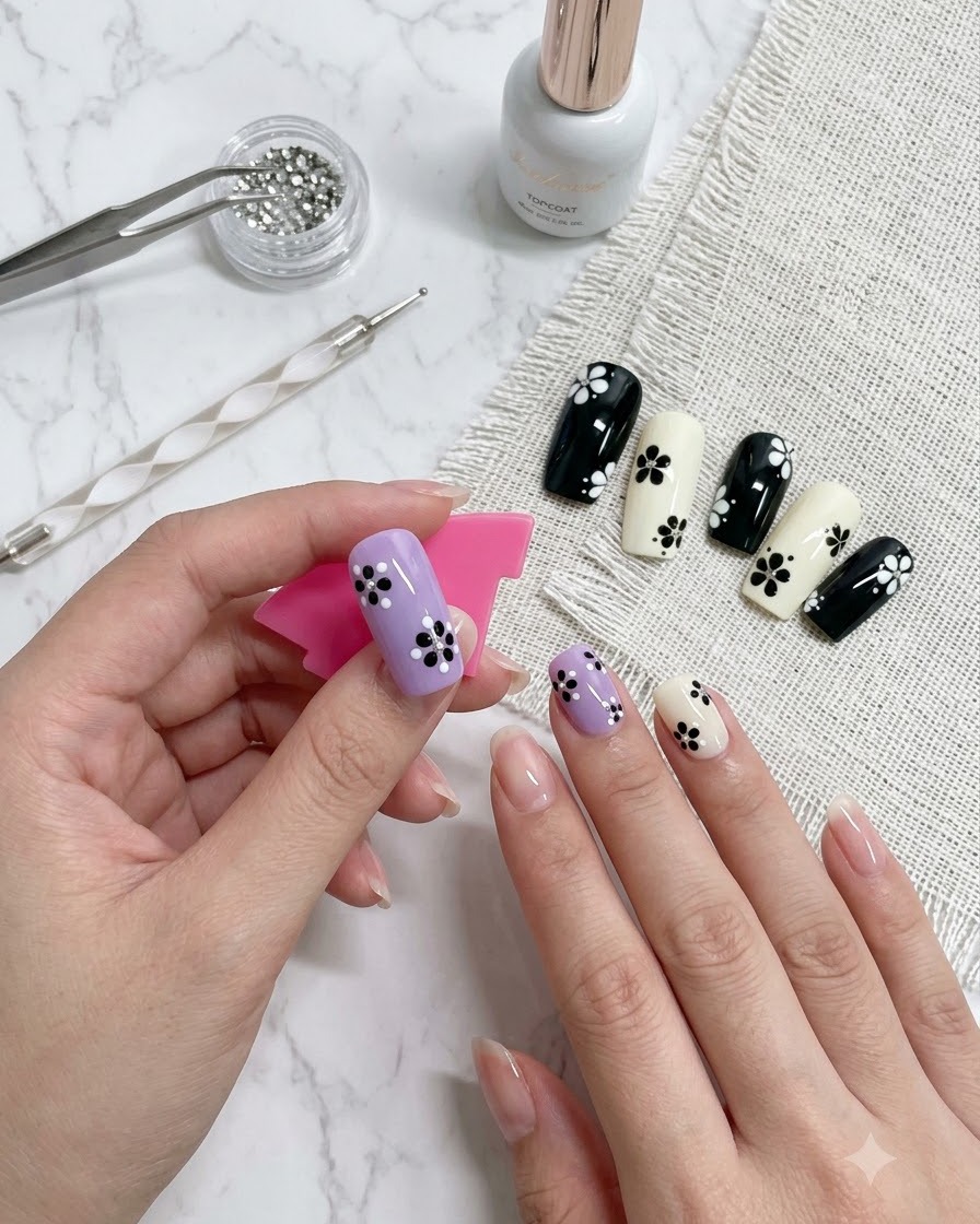 Eine Hand hält ein Nagelmodell, das drei in einem Dreieck angeordnete weiße Punkte auf einem lila Nagel zeigt.