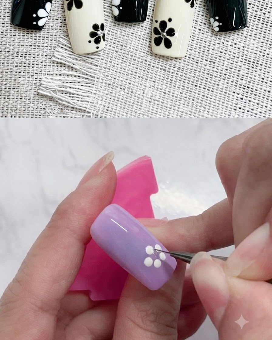 Ein feiner Liner-Pinsel verfeinert die Ränder der weißen Blütenblattformen auf einem lila Nagel.