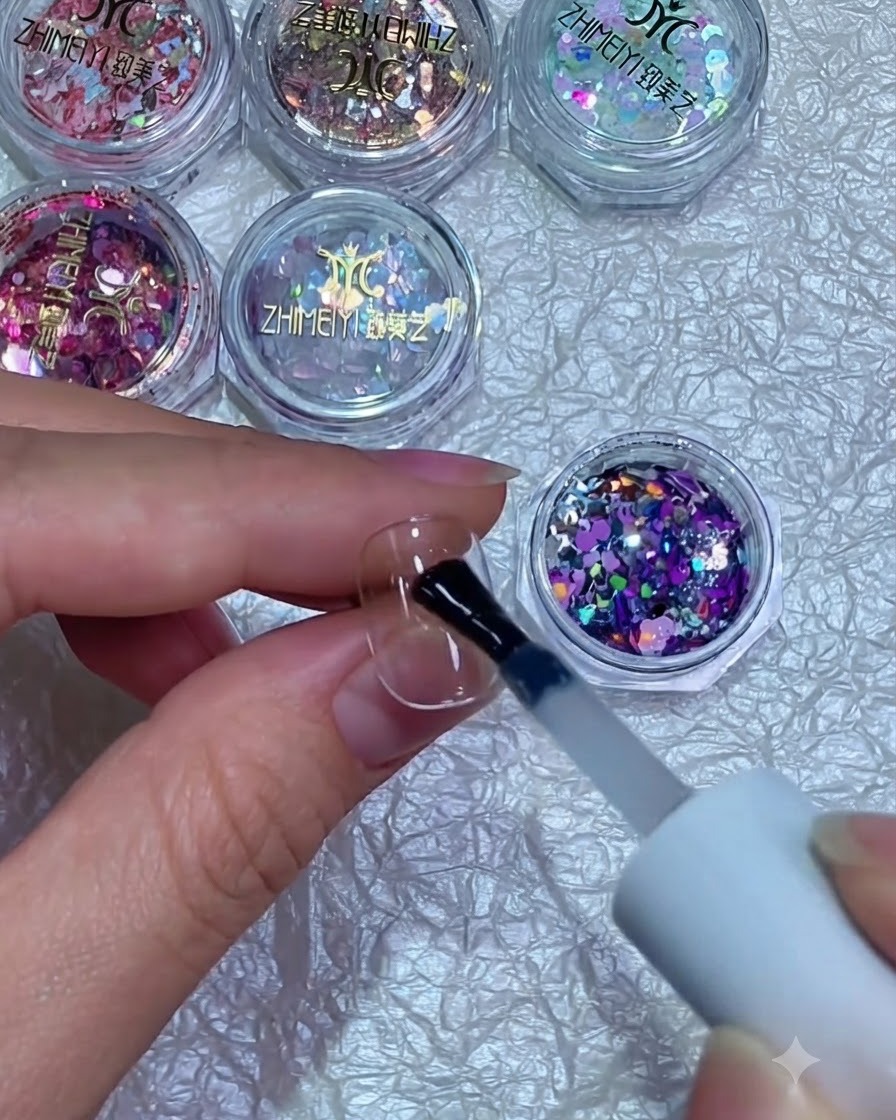 Ein Pinsel, der gemischte lila und silberne Glitterflocken über einem Nagel hält, der mit feuchtem Gel bedeckt ist.