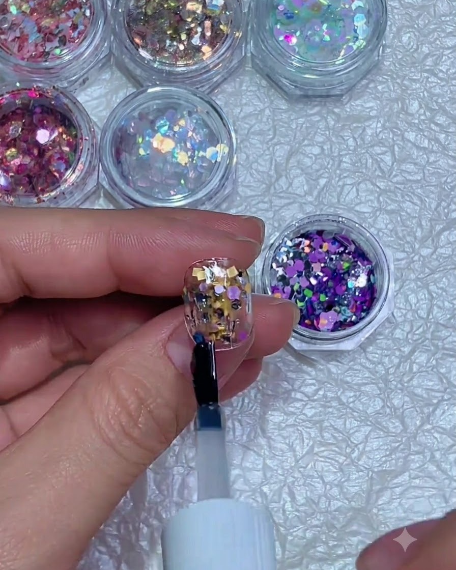 Ein Pinsel, der eine klare Gelschicht über eingebettetem Glitter auf einem Fingernagel aufträgt.