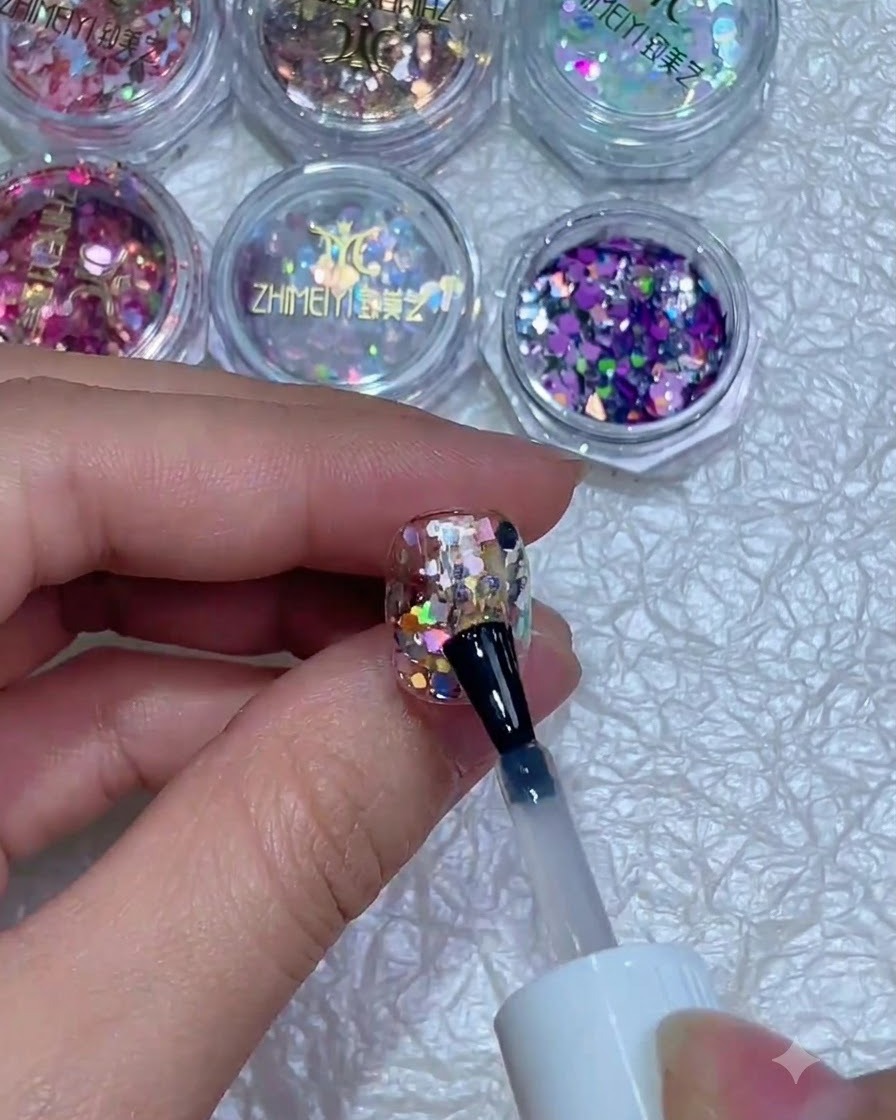 Ein Nagelpinsel, der einen klaren, glänzenden Glas-Topcoat auf einen mit Glitter und einem Sticker versehenen Nagel aufträgt.