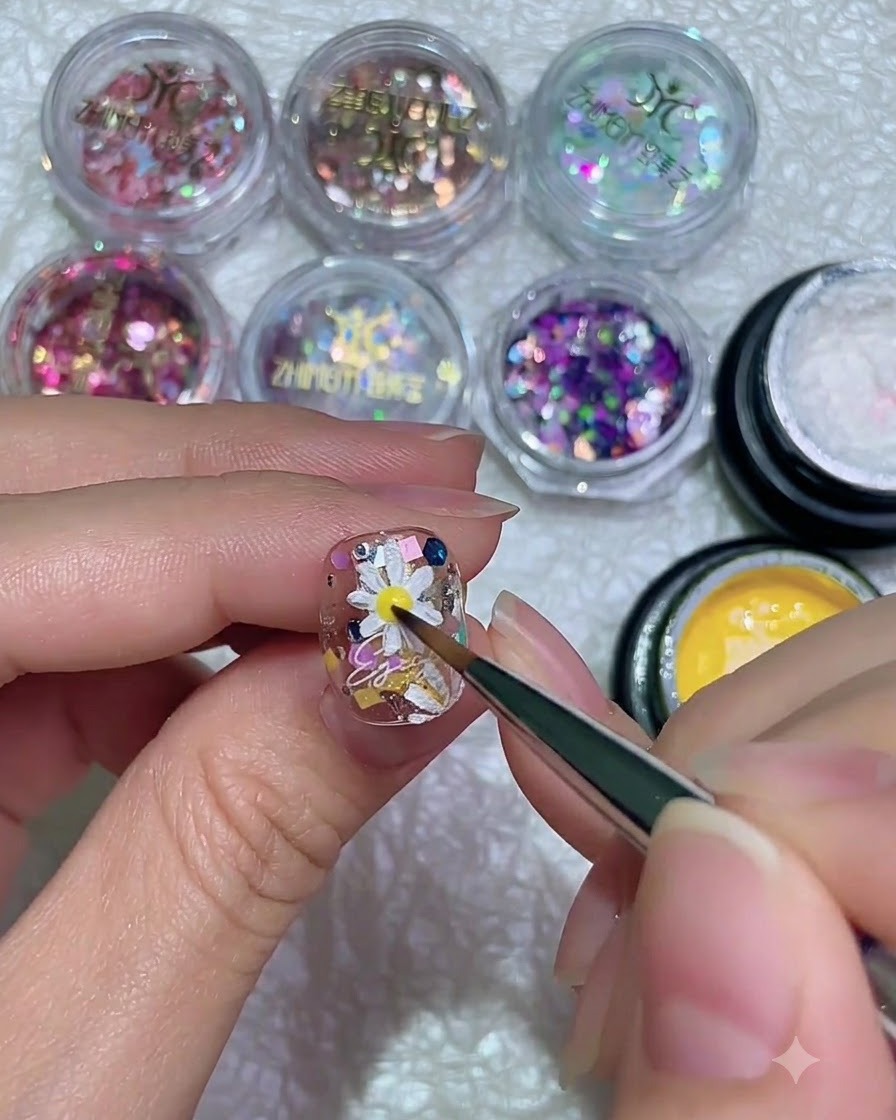 Ein feiner Pinsel trägt einen hellgelben Gelpunkt genau auf die Mitte eines weißen 3D-Gänseblümchen-Nagelkunst-Designs auf.