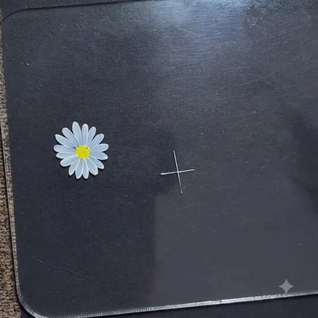 Ein vollendetes weißes Kreuz mit verlängerten Linien auf einer dunklen Oberfläche.