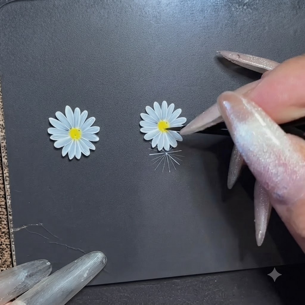 Mehrere weiße Blütenblätter werden systematisch in einem Kreis um einen zentralen Punkt gemalt.