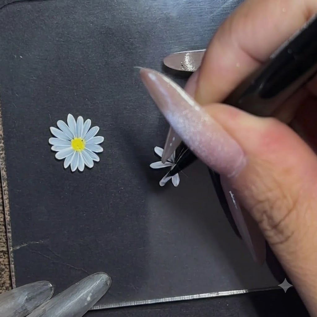 Eine Hand dreht ein Übungsboard, während sie mit einem feinen Pinsel detaillierte äußere Blütenblätter malt.