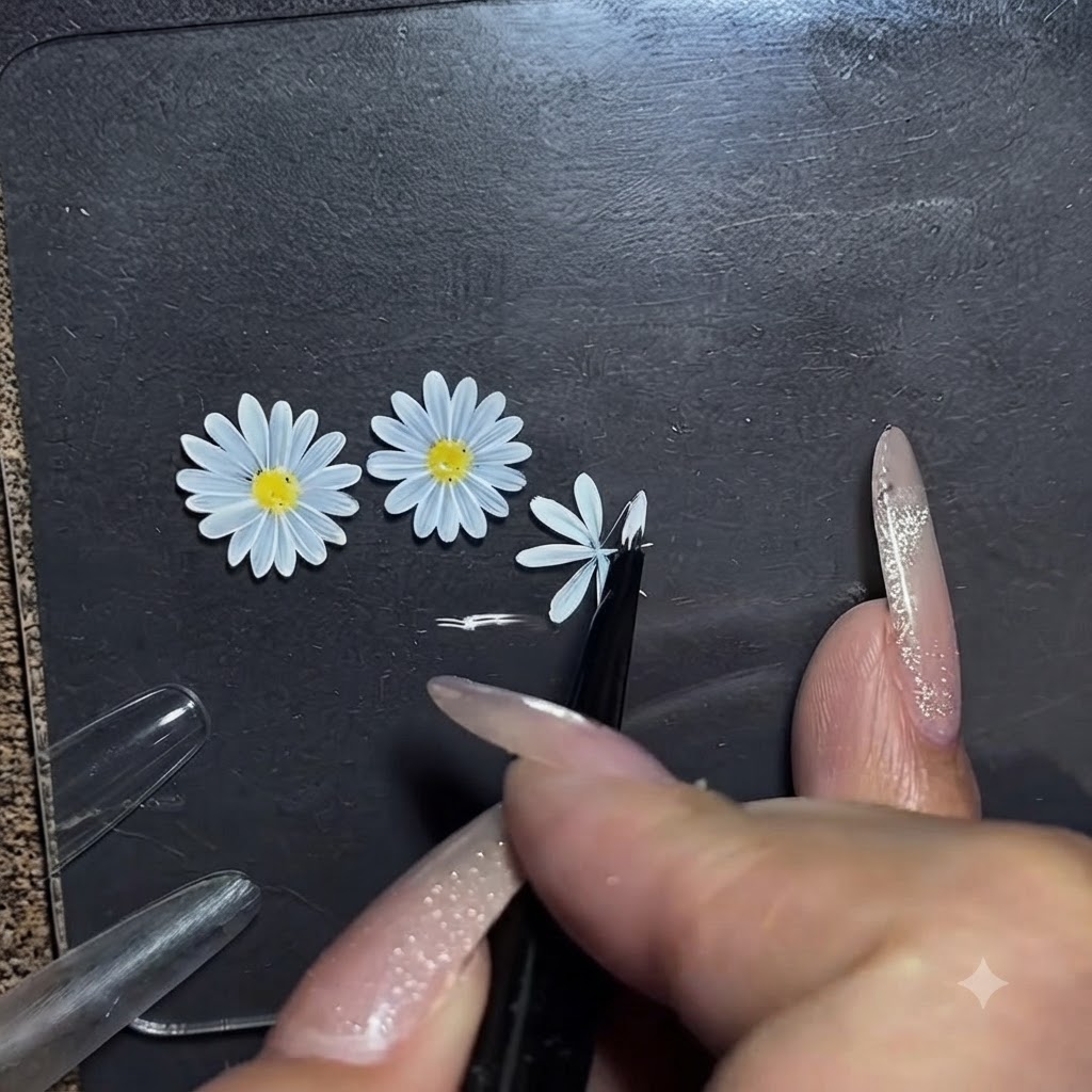 Eine Nahaufnahme eines Liner-Pinsels, der die Kanten weißer Gänseblümchen-Blütenblätter auf einer Display-Matte verfeinert.
