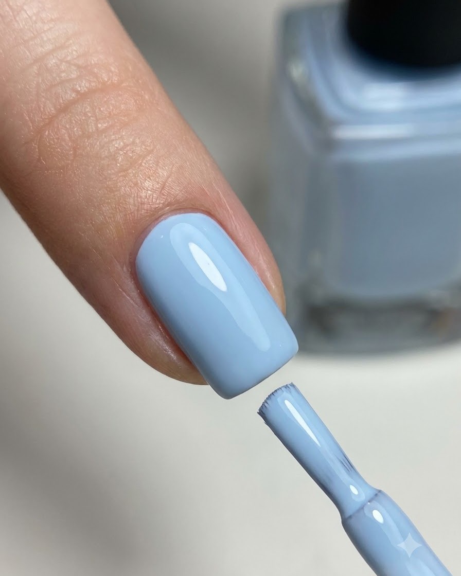 Ein Finger mit ausgehärtetem graublauen Gellack neben der passenden Gellackflasche.