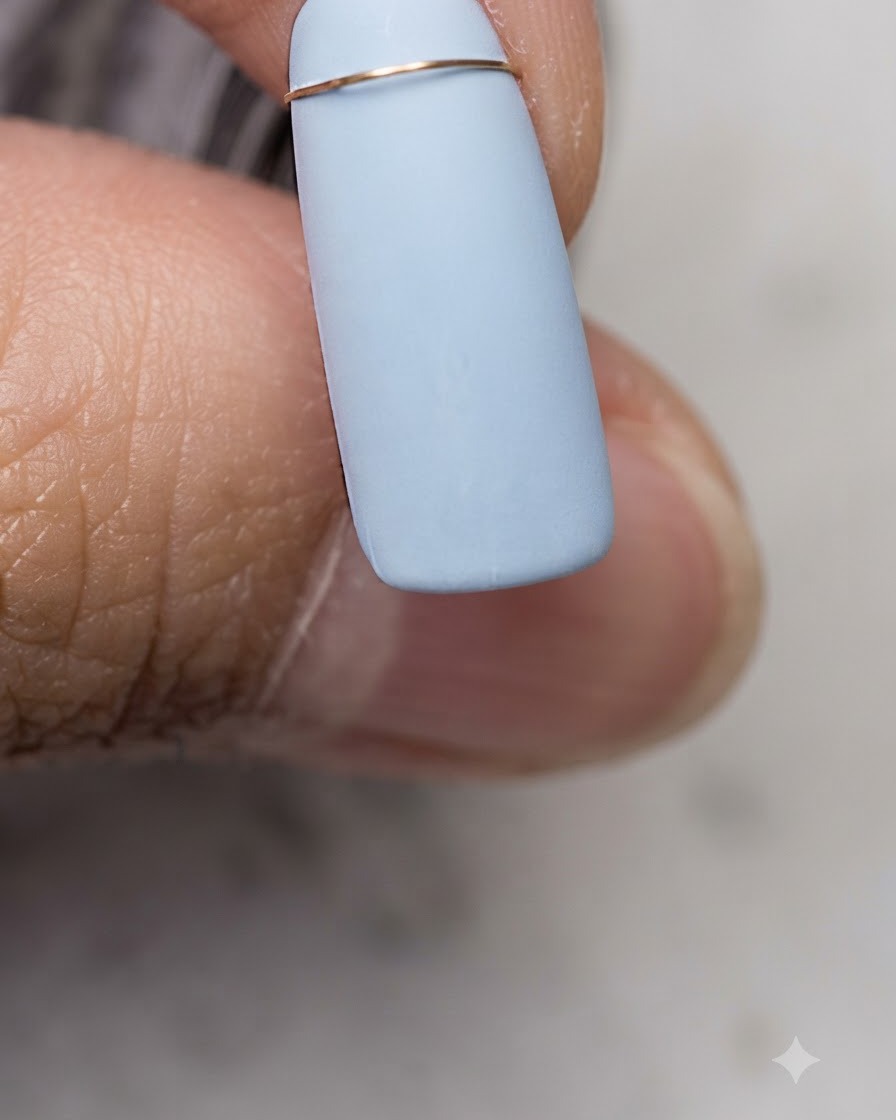 Ein feiner Liner-Pinsel zieht eine dünne goldene horizontale Linie über den oberen Teil eines blauen Nagels.
