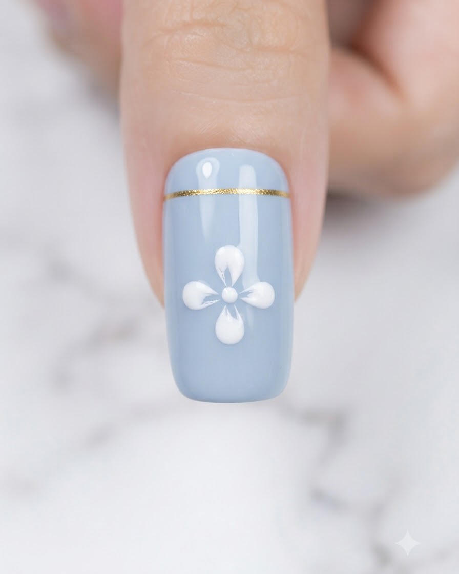 Ein feiner Liner-Pinsel zieht weißes Gel von den äußeren Punkten nach innen, um Blütenblätter auf einem Nagel zu formen.