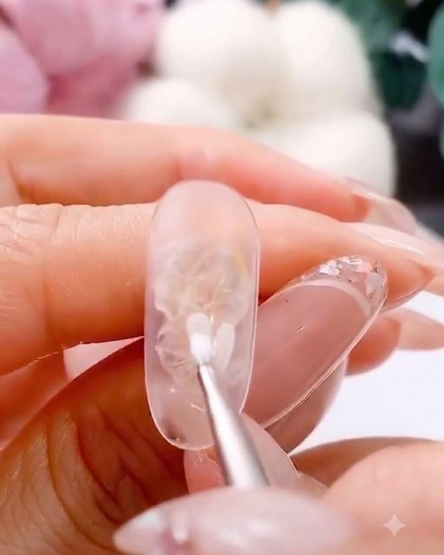 Ein feiner Pinsel trägt ein weißes Gel-Blütenblatt auf eine klare Nagelverlängerung auf.