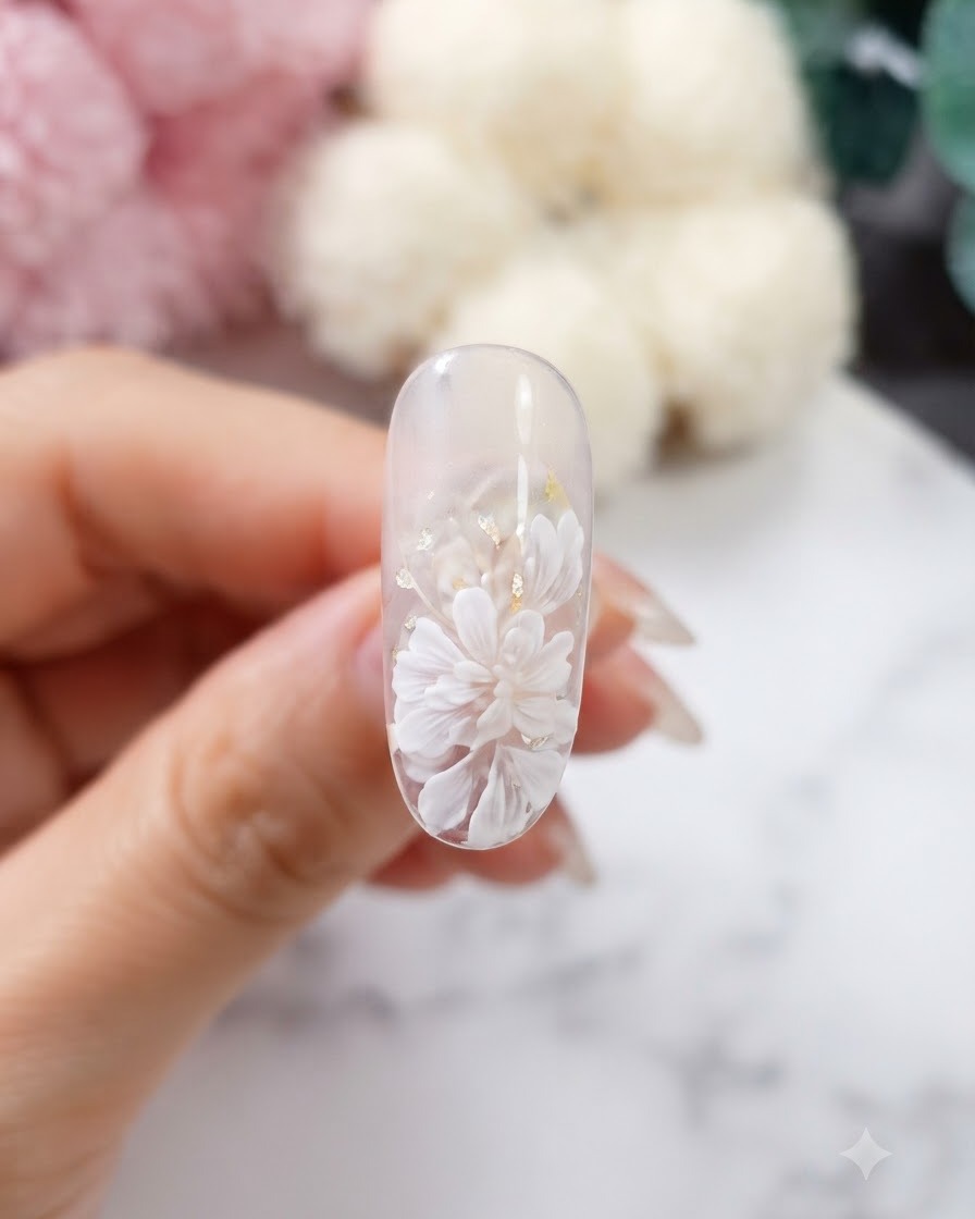 Eine Nahaufnahme eines Nagels mit mehreren geschichteten weißen Gänseblümchenblüten und Goldflocken-Akzenten.