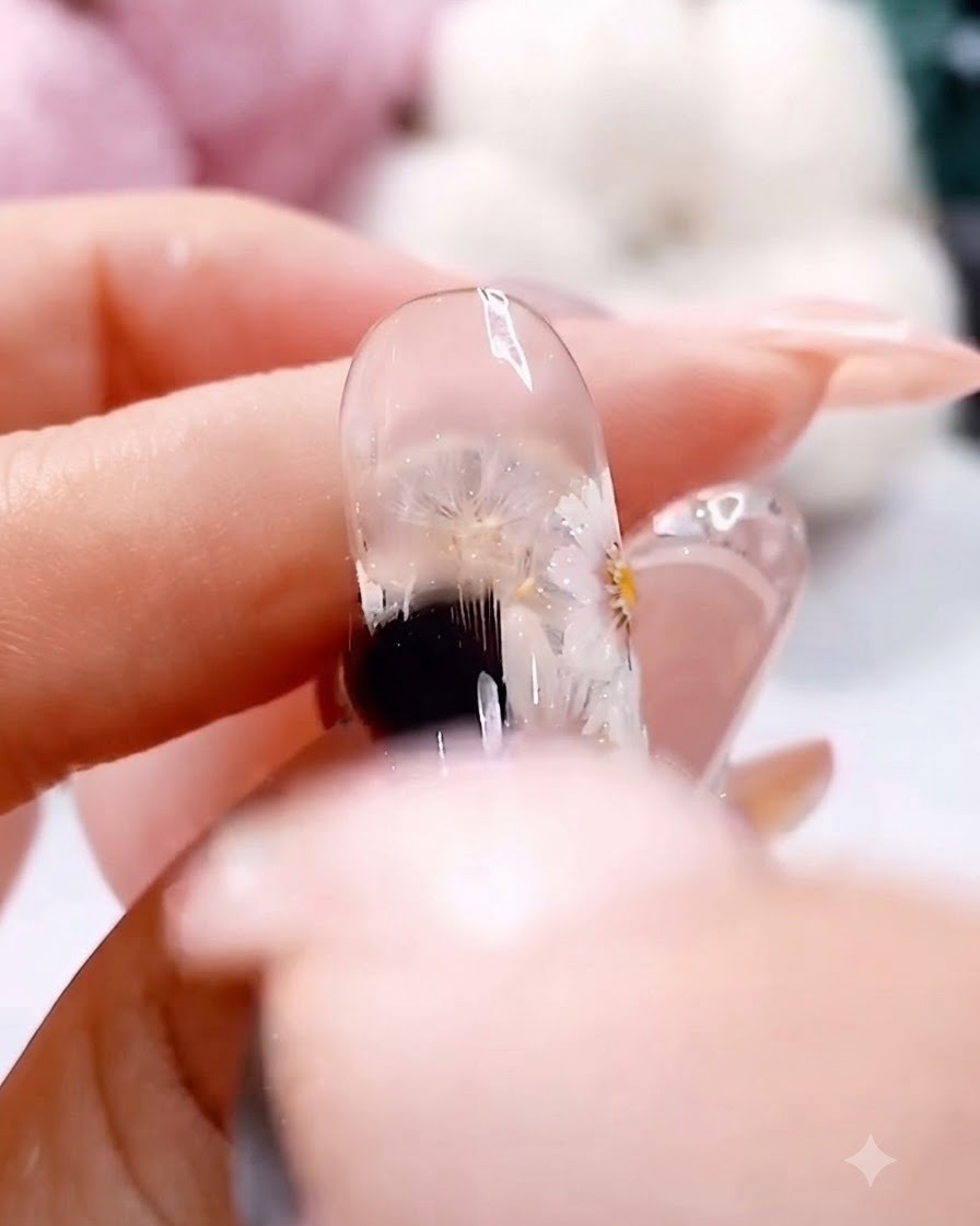 Ein klarer Gelpinsel trägt eine glatte Schicht glänzenden No-Wipe-Topcoats auf ein handgemaltes weißes Gänseblümchen-Nageldesign auf.