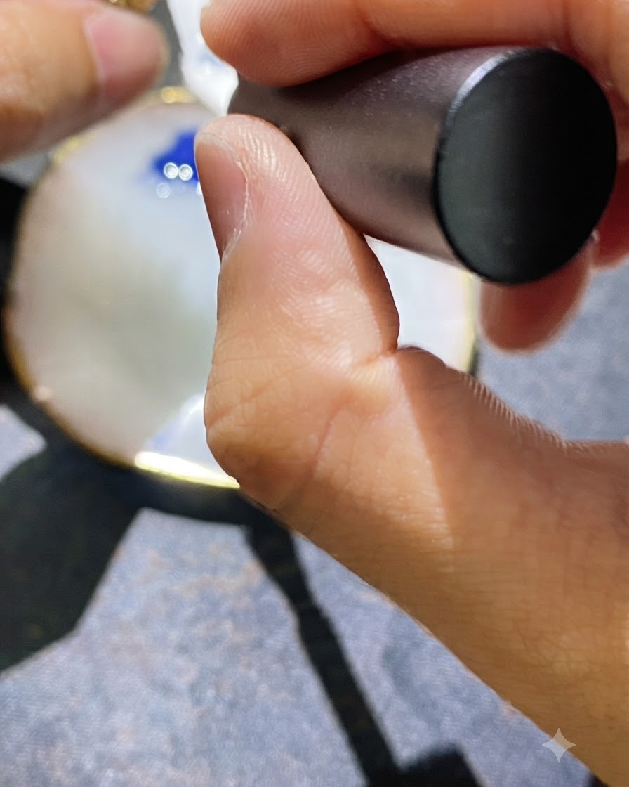 Eine Nahaufnahme einer Hand, die einen weißen Gel-Unterlack auf die Nageloberfläche aufträgt.