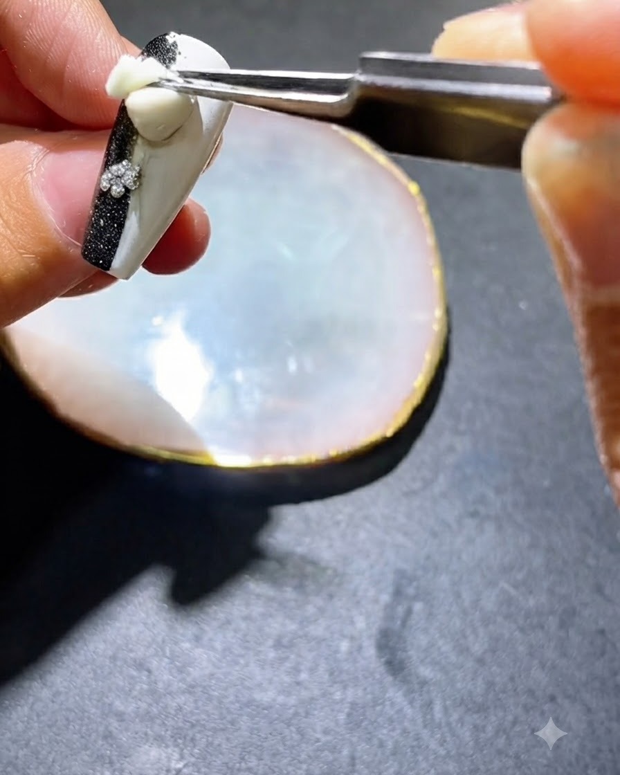 Ein Pinsel oder Werkzeug trägt schwarzen Gel-Lack auf die Seiten eines dekorierten Nagels auf.