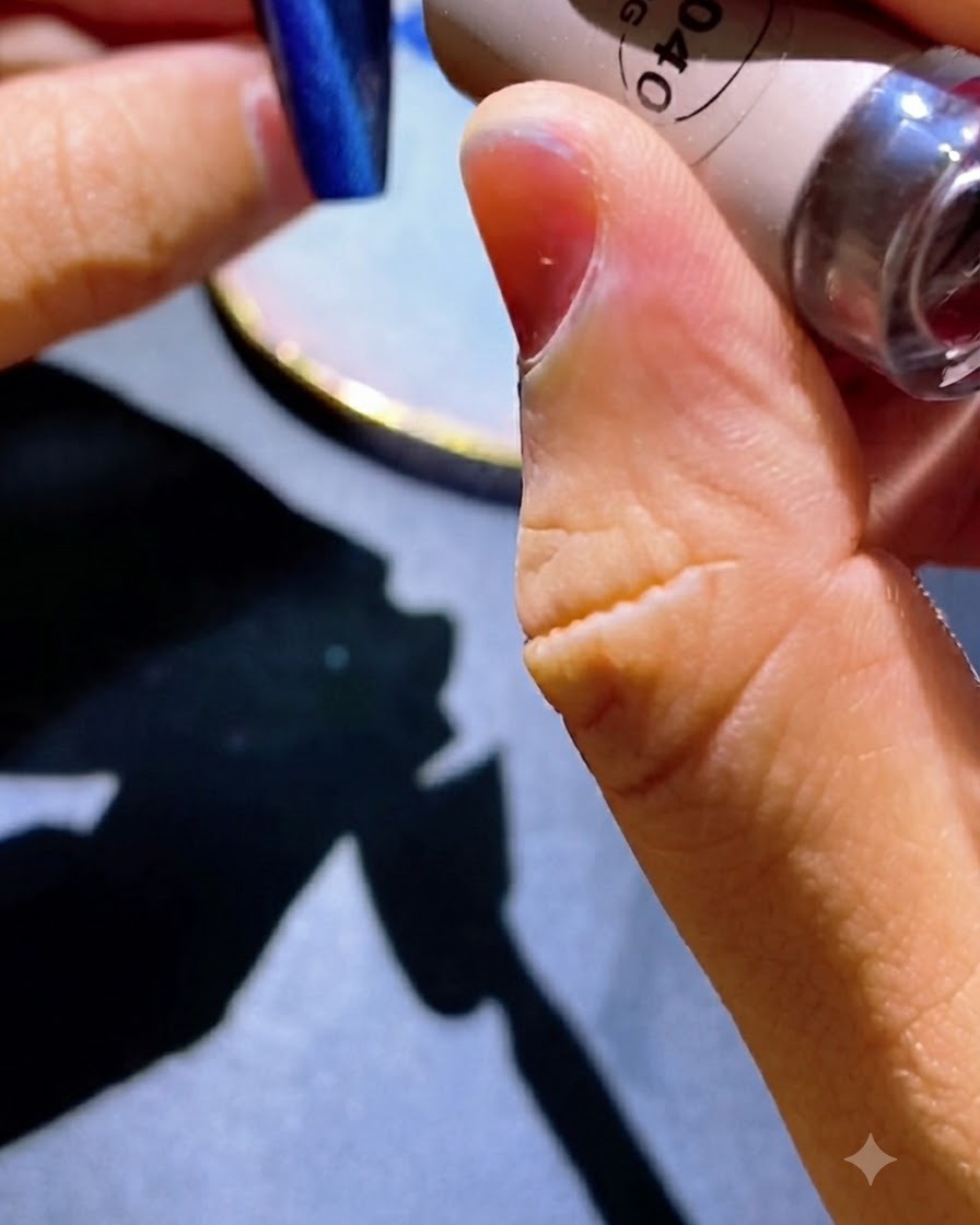 Auftragen von blauem Cat-Eye Magnet-Gel-Lack auf die Nageloberfläche.