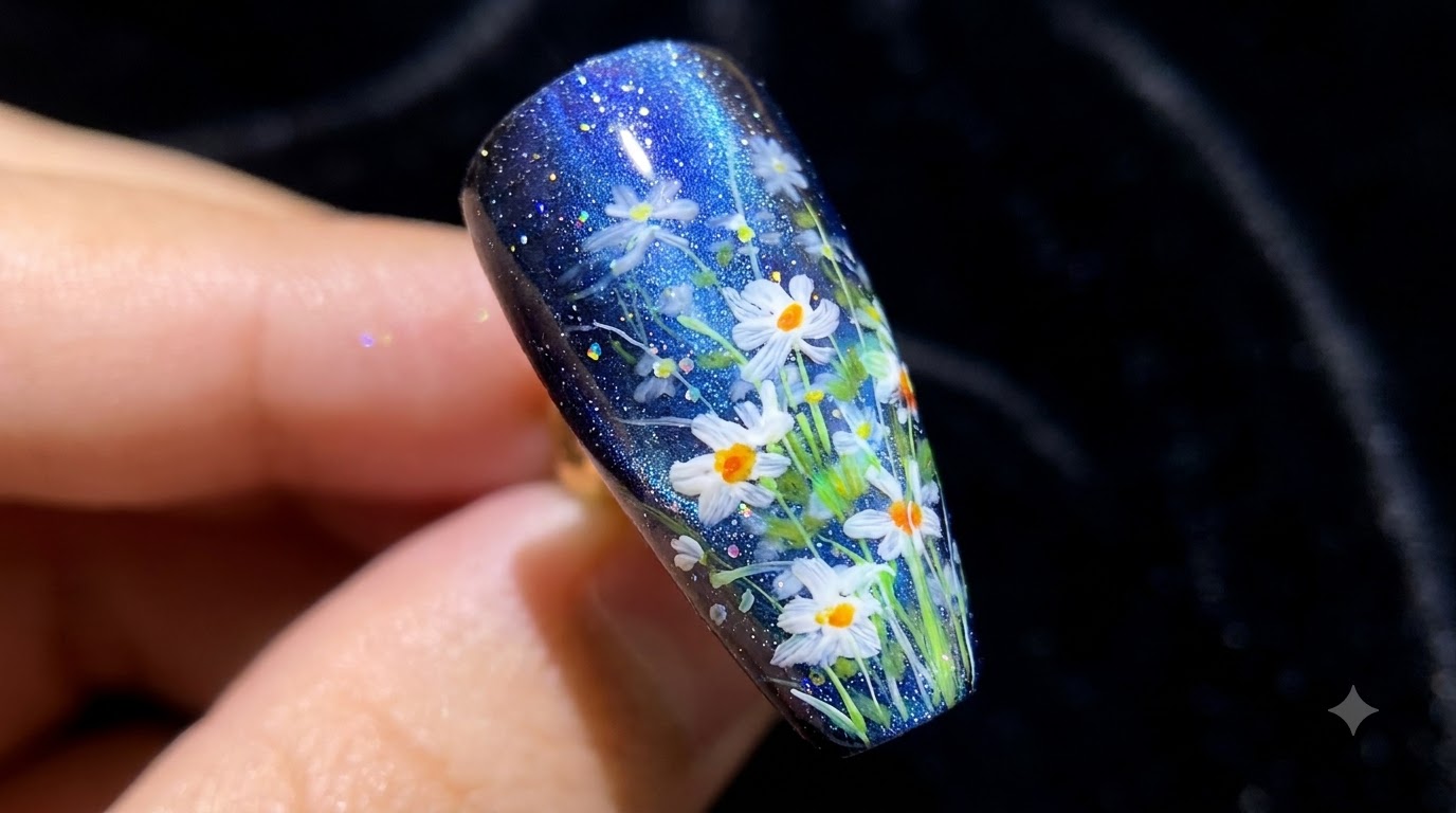 Sternenhimmel Gänseblümchen Gelnägel — Schritt für Schritt Anleitung