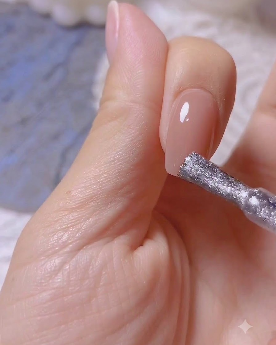 Ein Nagellackpinsel trägt ein transluzentes, nudefarbenes Magnetgel auf einen unlackierten Naturnagel auf.