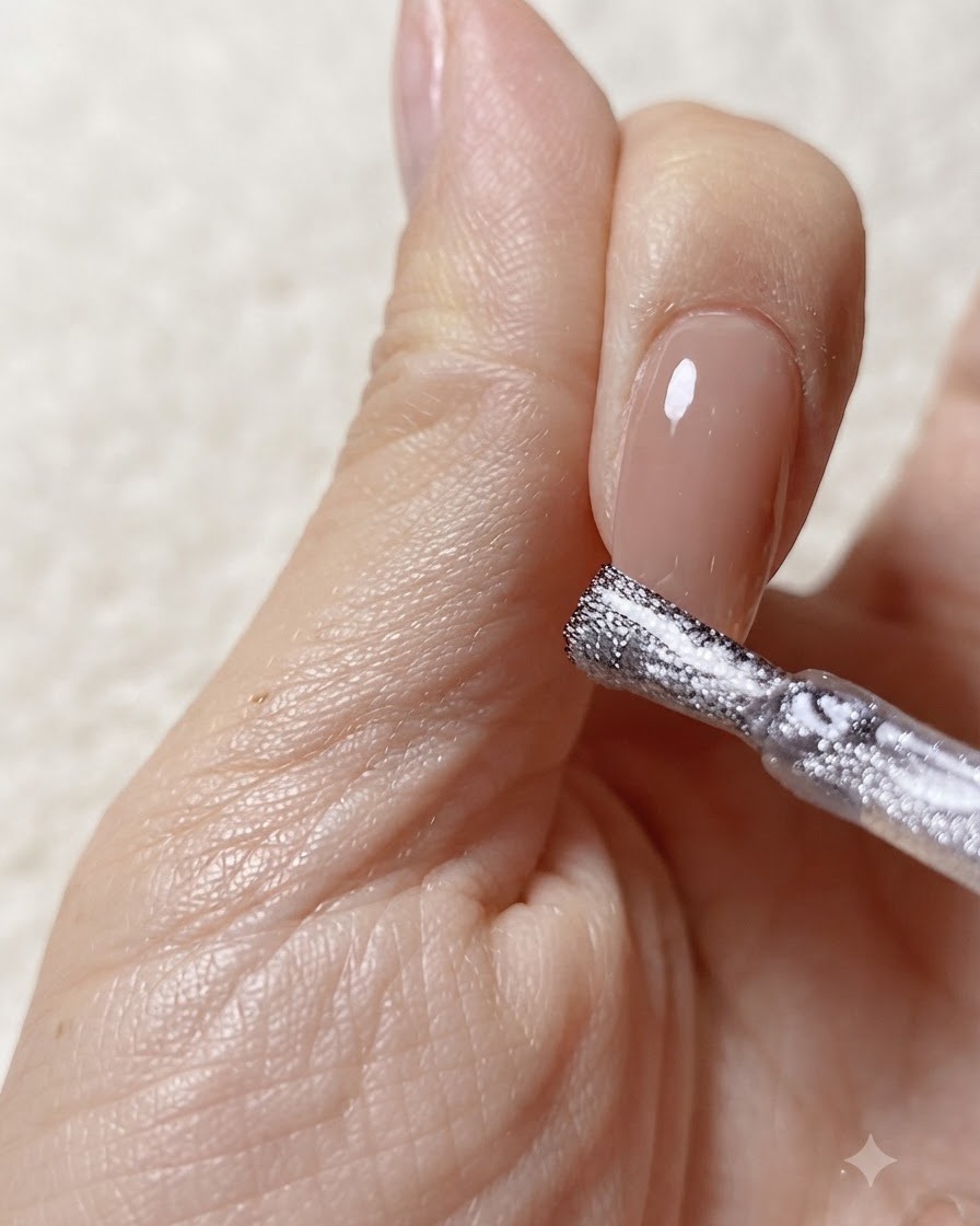 Ein starker Neodym-Magnet wird nahe an eine Nagelspitze gehalten, um funkelnde magnetische Cat-Eye-Partikel zu verschieben.