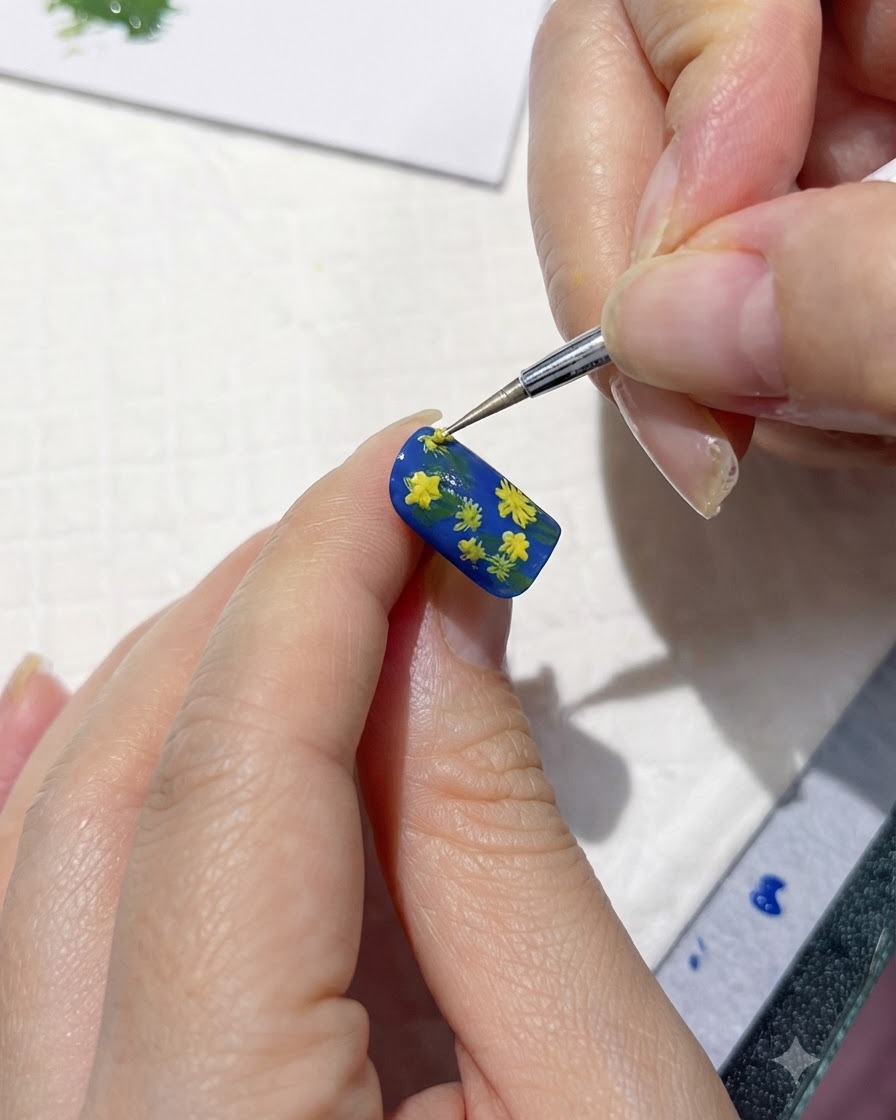 Ein Nagelkunstpinsel, der mehrere kleine gelbe Gänseblümchen verfeinert, die auf einen blauen Nagel gemalt wurden.