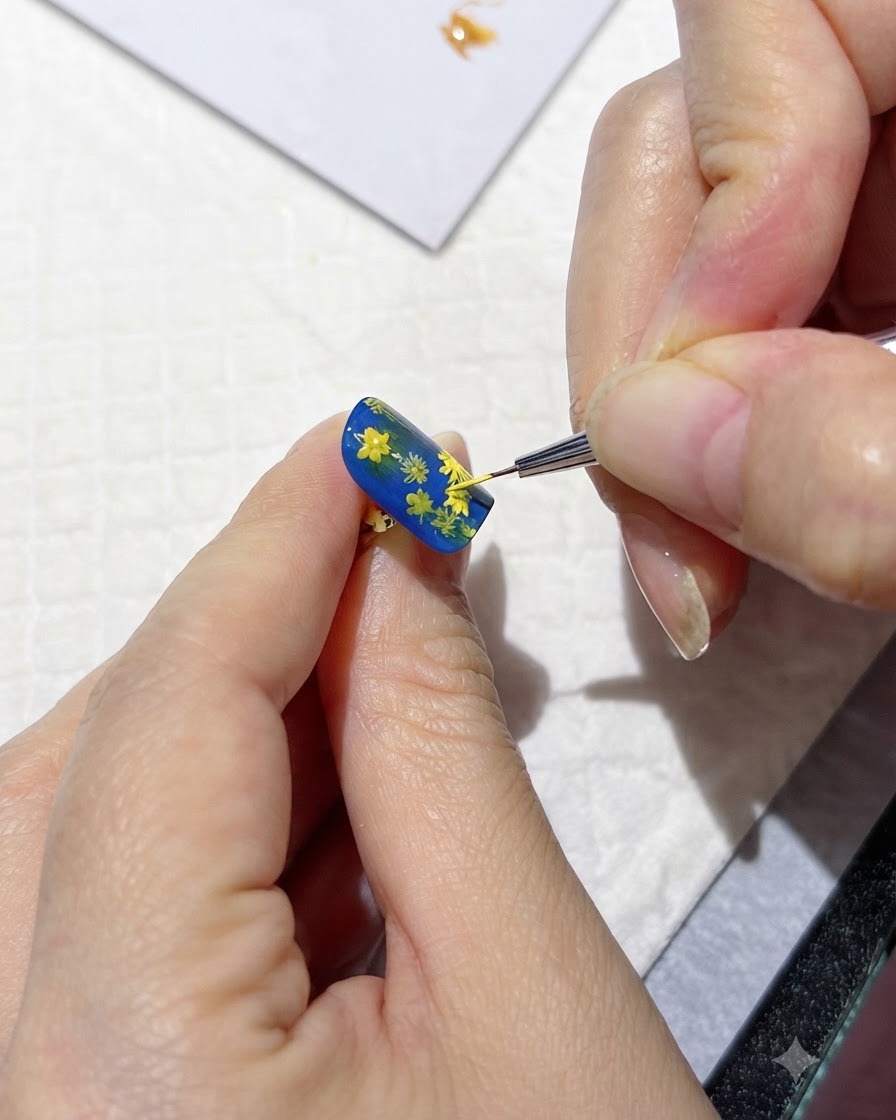Ein feiner Pinsel, der gelbe Highlights auf Gänseblümchen-Blütenblätter auf einem blauen Nagel aufträgt.