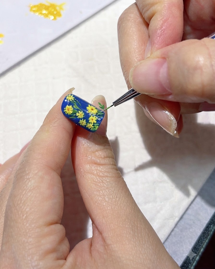 Ein fertiges Nageldesign, das unter einer Hand-UV-Lampe aushärtet.
