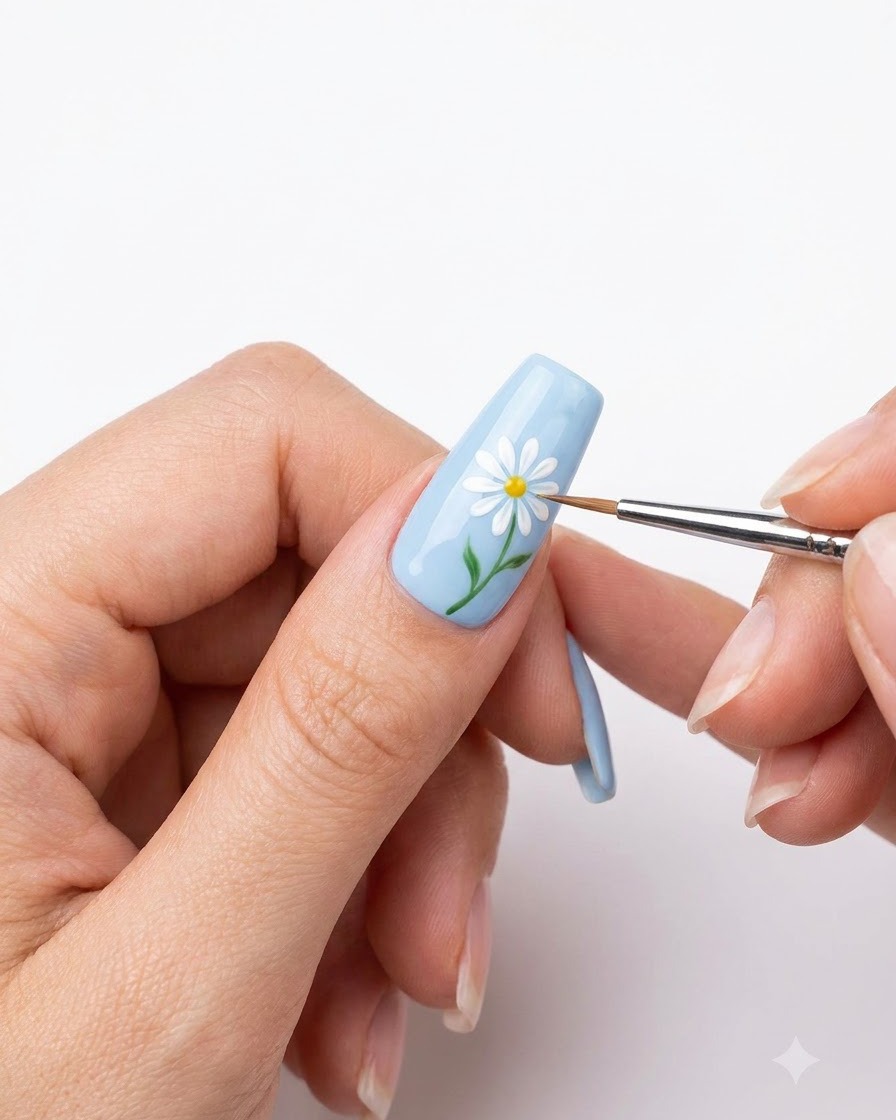 Nahaufnahme einer Hand, die mit einem feinen Pinsel weiße Gänseblümchen-Blütenblätter auf eine hellblaue Nagelbasis malt.