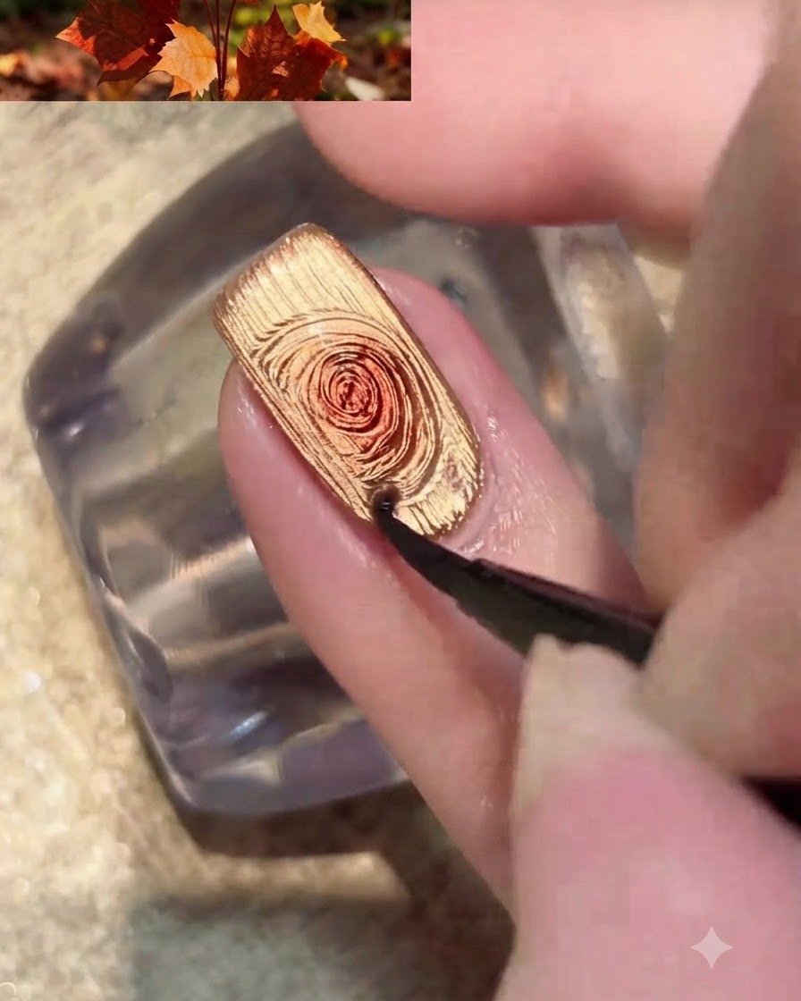 Ein kleiner Nagelmagnet nahe der Seitenkante eines goldenen Cat-Eye-Gel-lackierten Nagels.