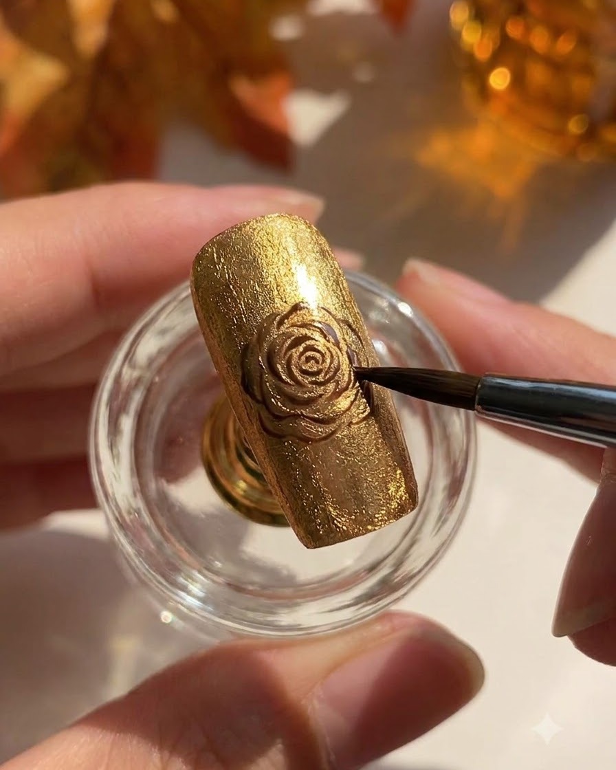 Ein Detailpinsel oder Werkzeug verfeinert die Oberfläche eines gold schimmernden Cat-Eye-Nagels auf einem Halter.
