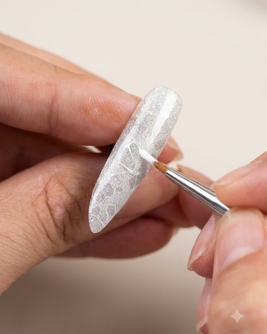 Ein feiner Nail-Art-Pinsel formt und drückt akribisch weiße Blütenblätter über ein Spitzenmuster auf einer Nagelspitze heraus.