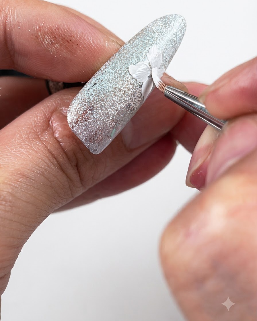 Ein feiner Pinsel trägt einen matten Top Coat präzise auf die gemalten weißen Blütenblätter auf einem glitzernden Nagel auf.