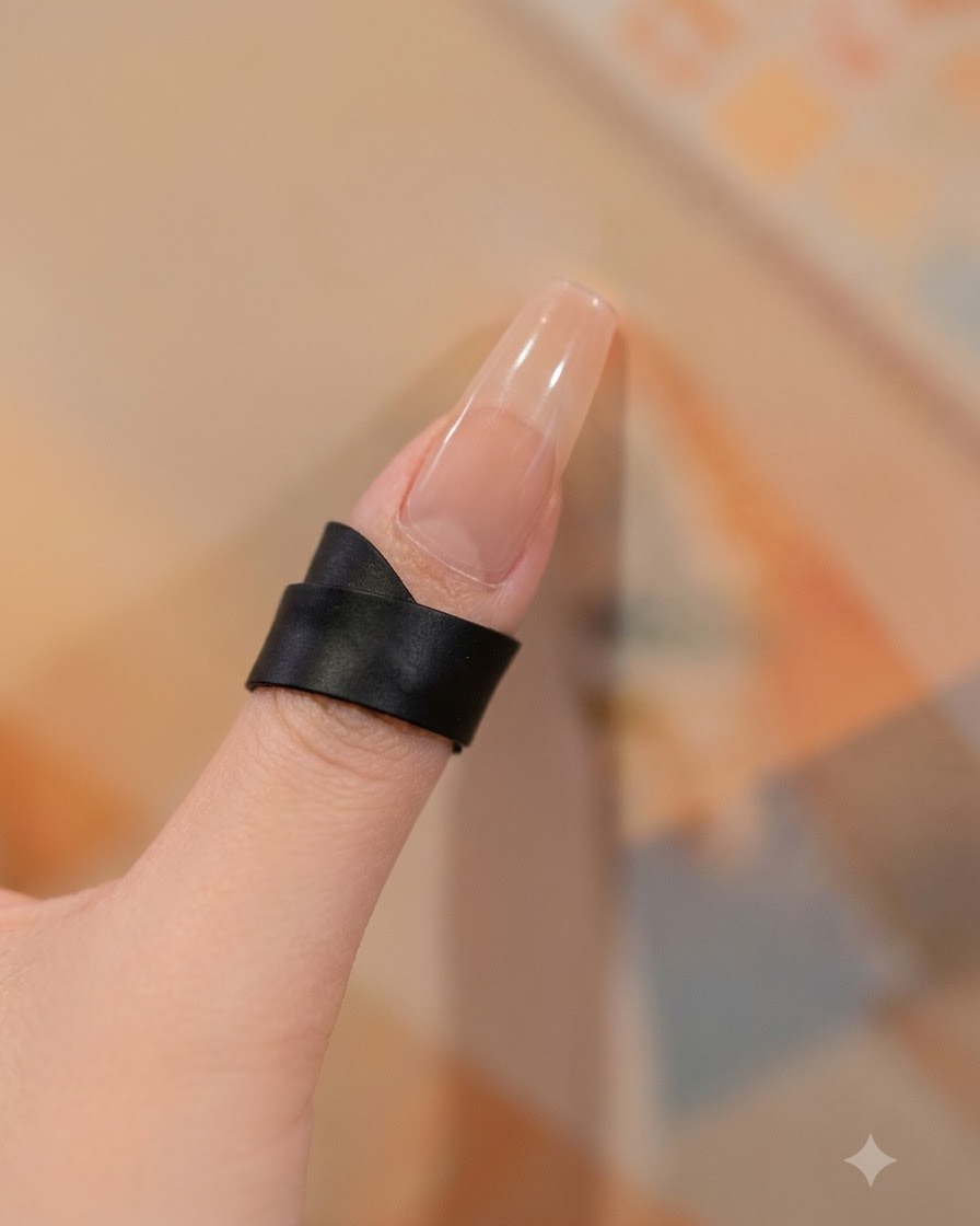 Nahaufnahme eines Fingers mit einem schwarzen Ring, bei dem ein feiner Pinsel Off-White Gel im Nagelbett- und Basisbereich aufträgt.
