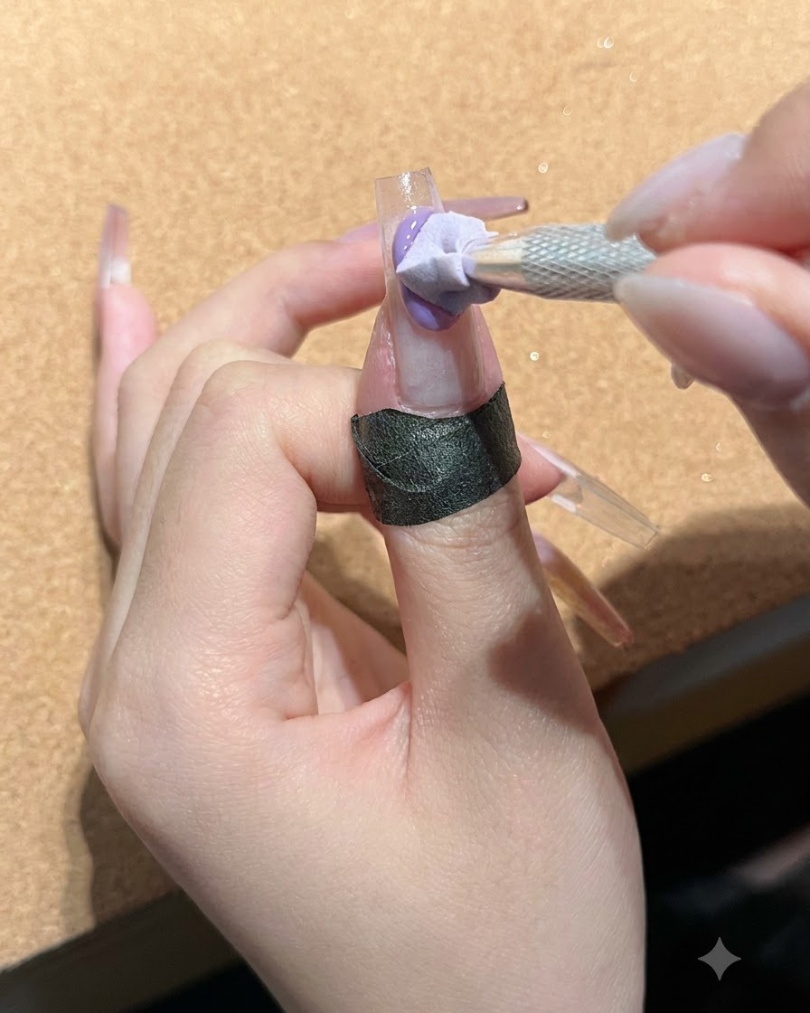 Eine Hand hält einen kleinen Schwammapplikator und tupft purpurtöniges Gel auf die Nagelspitze.