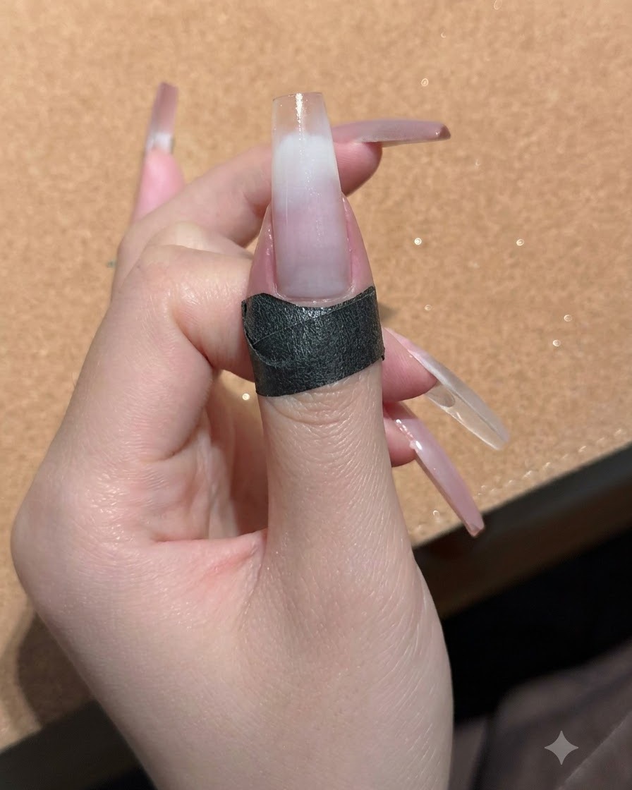 Ein Fingernagel zeigt einen sanften weißen Farbverlauf von der Spitze über die Nagelplatte nach unten.