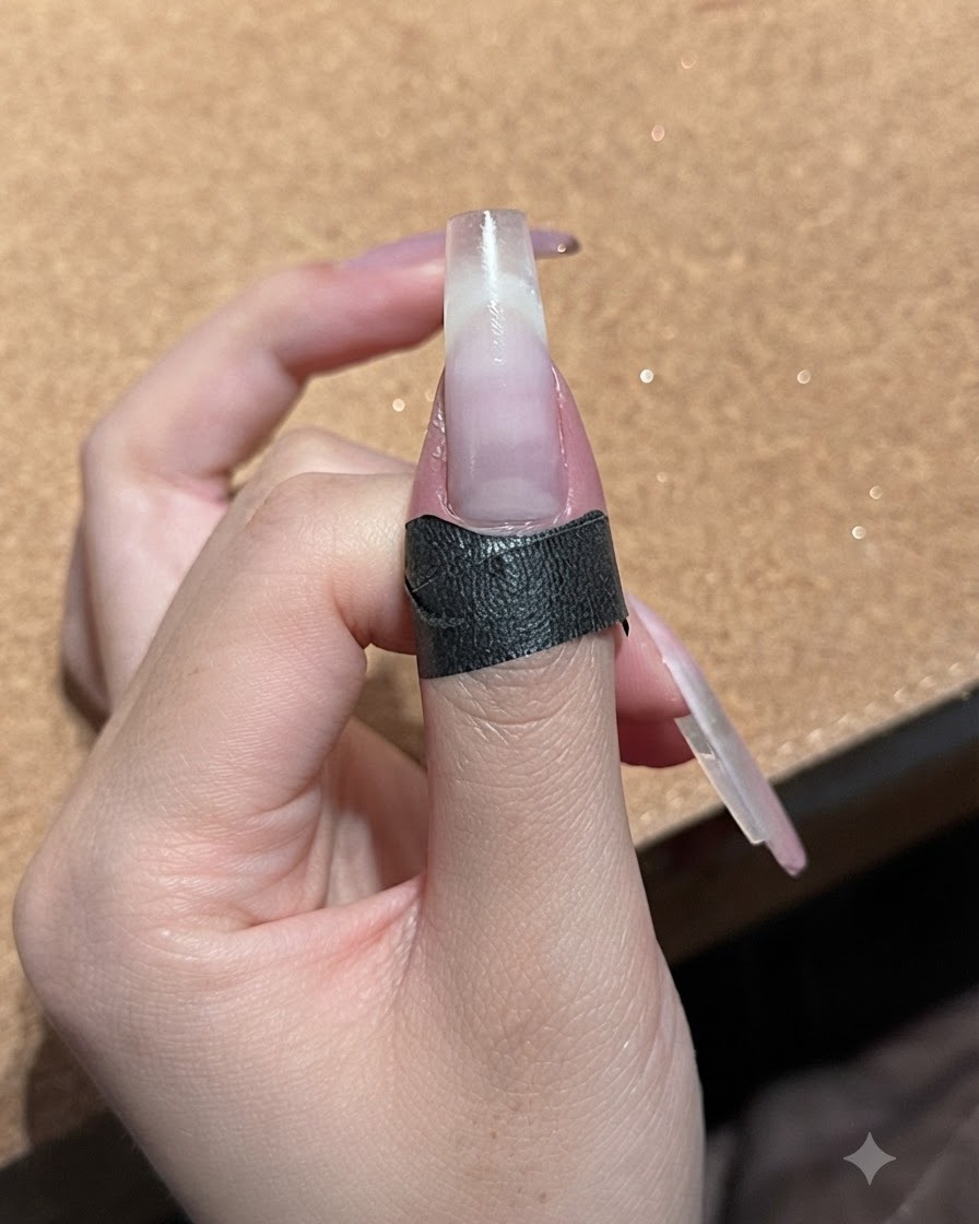Nahaufnahme eines Nagels mit einer dünnen, glänzenden Schicht White Peach Nude Gel über dem Farbverlauf.