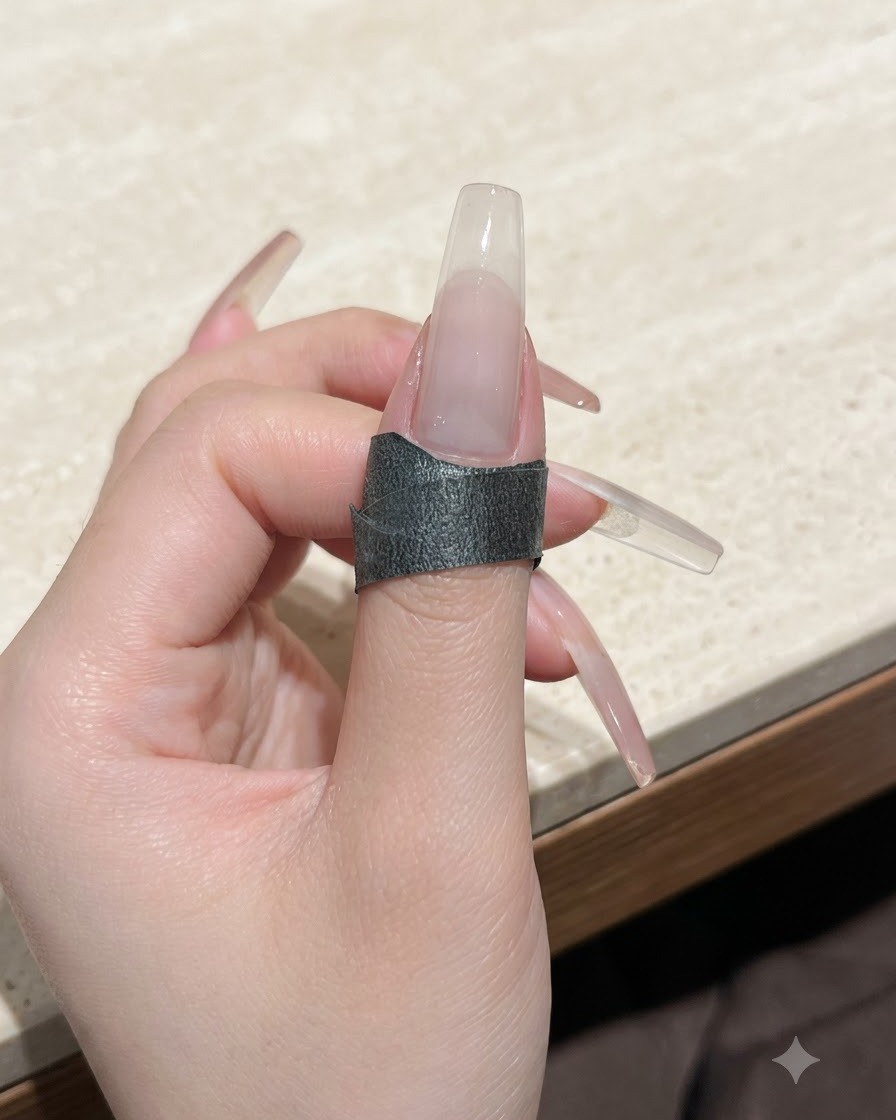Ein Nagel zeigt nach der zweiten Schicht eine reichhaltigere, gesättigtere White Peach Nude Farbe.