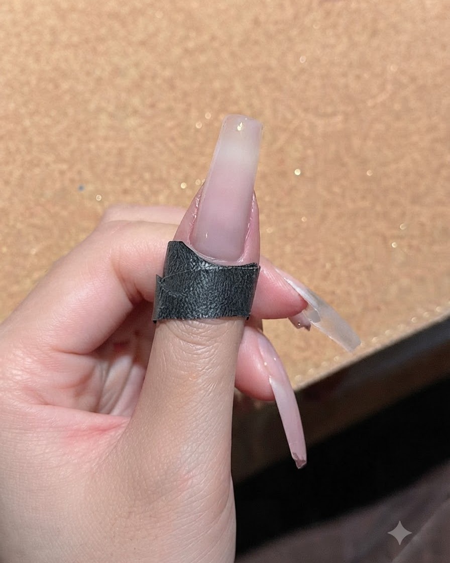Ein Nagel, bedeckt mit einer dicken Schicht schimmerndem Cat-Eye Gel, bereit für die Magnetplatzierung.