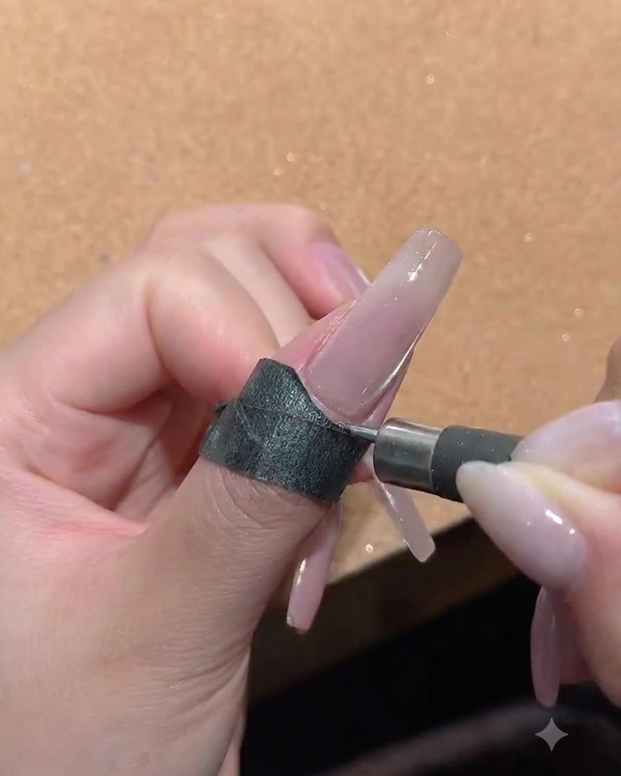 Nahaufnahme eines Fingers mit einem kleinen Magnetstab an der Seite eines glänzenden Cat-Eye Gel-Nagels.