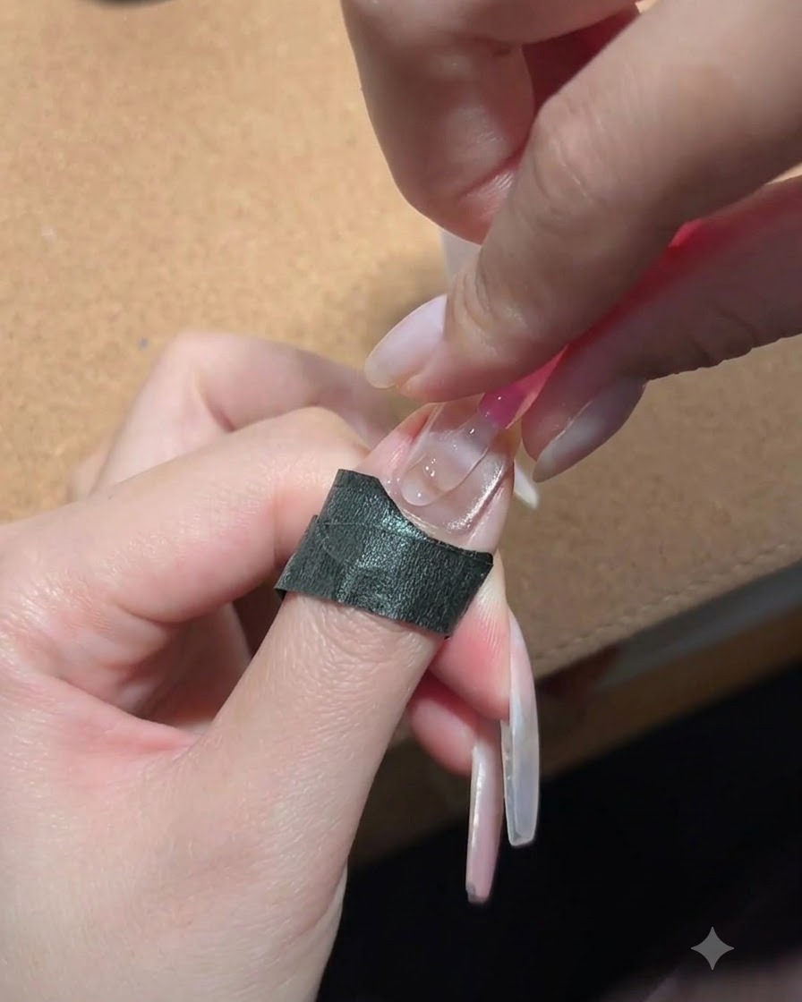 Ein Finger, umwickelt mit schützendem schwarzem Tape, während ein Reinigungstuch verwendet wird, um die Nageloberfläche zu säubern.