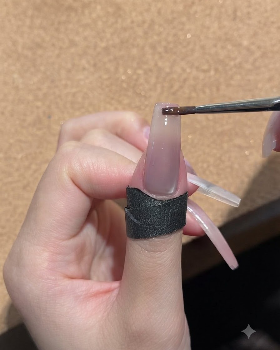 Ein kleiner Make-up-Schwamm wird sanft gegen die Spitze eines glänzenden Nude-Nagels getupft.