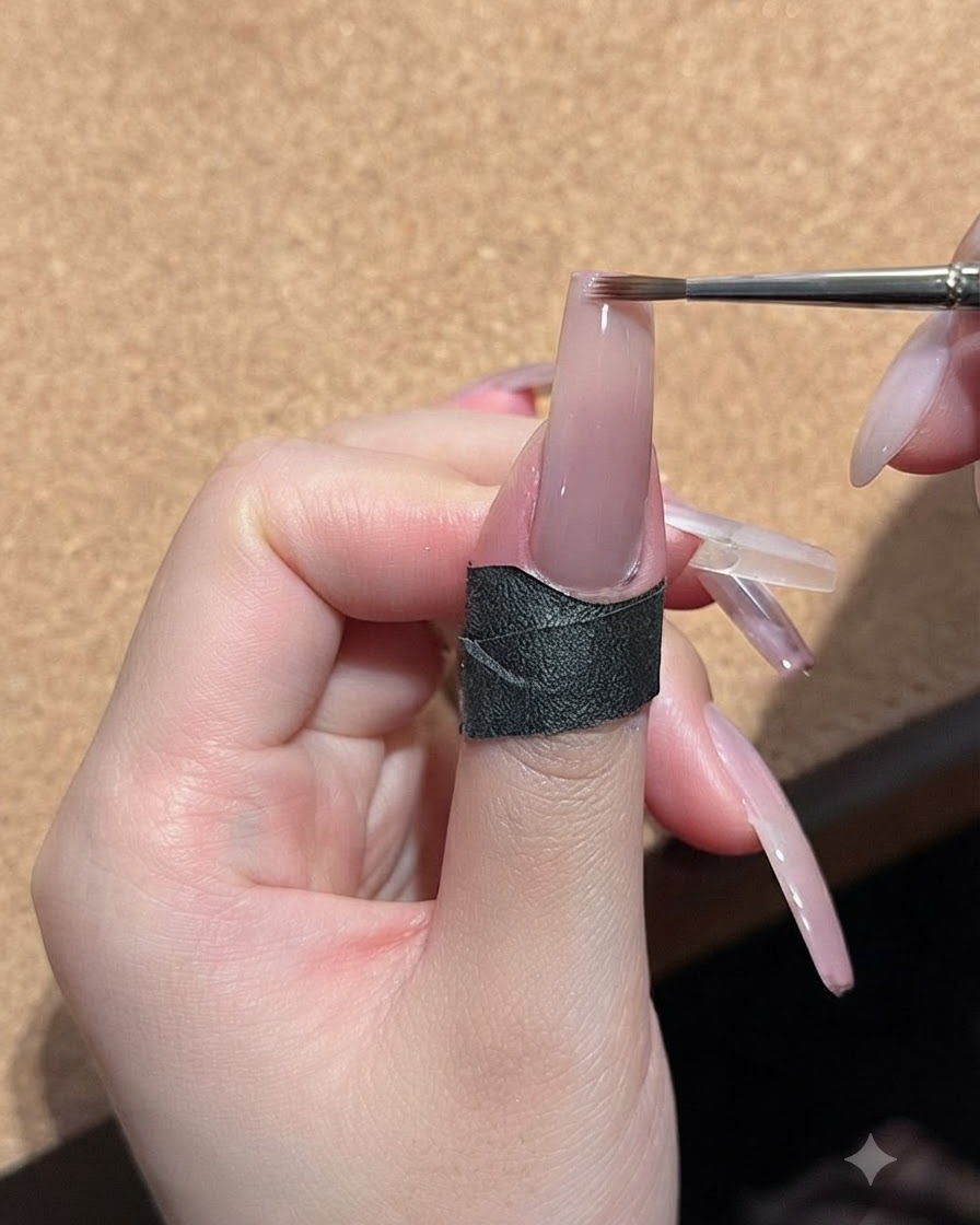 Ein feiner Nagelpinsel trägt eine zweite Schicht Pfirsich-Nude-Gel auf die Nagelspitze auf.