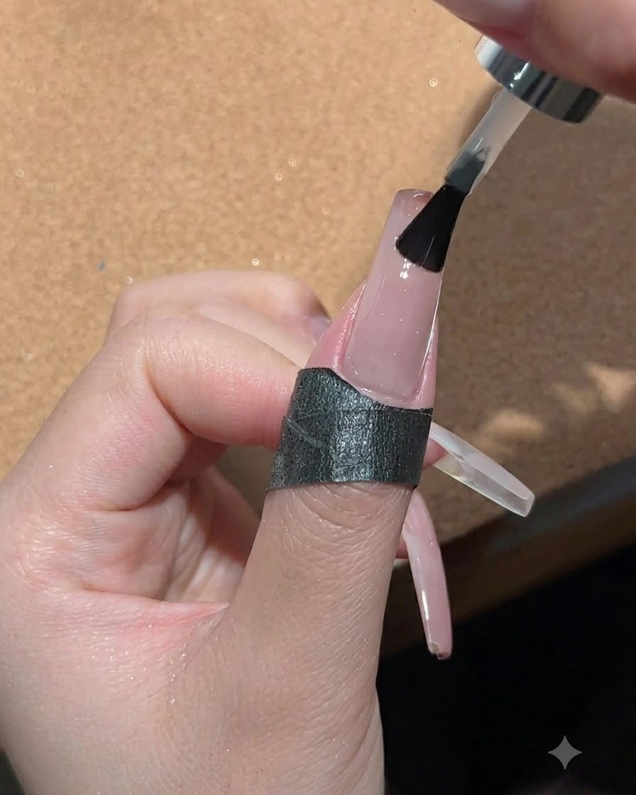 Ein Pinsel trägt eine dicke Schicht glänzenden Top-Coat-Versiegeler auf den fertigen Ombré-Nagel auf.