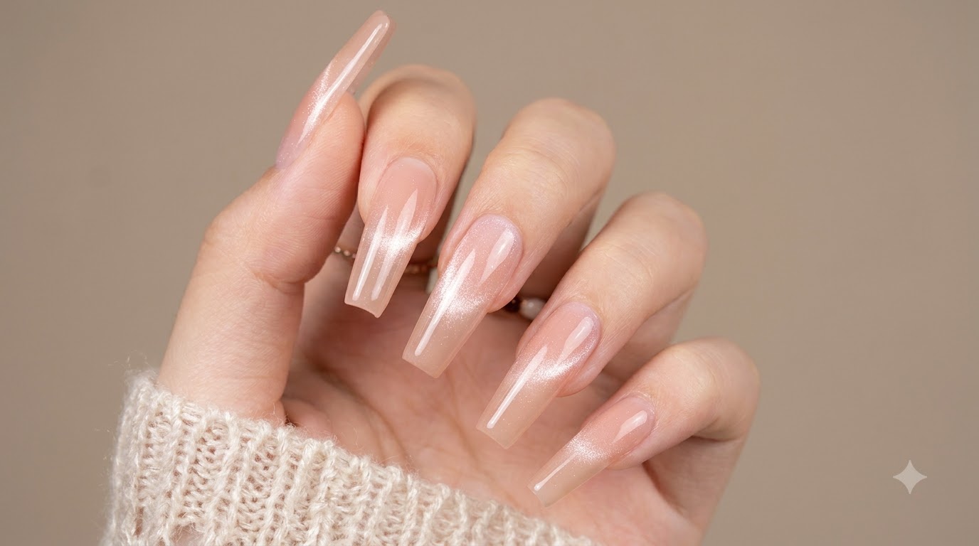 Frühlingshafte Weiß-Pfirsich Nude Ombré & Cat-Eye Nägel — Schritt-für-Schritt Anleitung