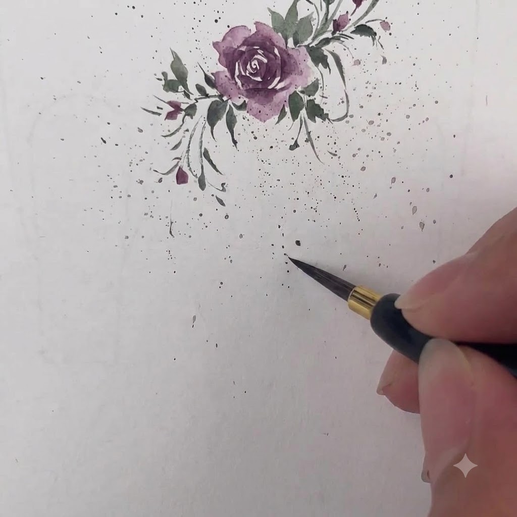 Ein feiner Pinsel malt eine zarte Neuner-Form in Dunkellila auf Aquarellpapier.