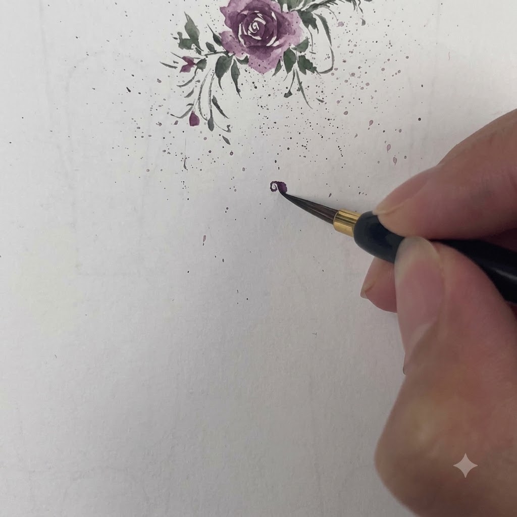 Ein feiner Aquarellpinsel trägt einen dunkelvioletten Strich auf, um das erste Blütenblatt zu formen, das sich um die Blütenmitte legt.
