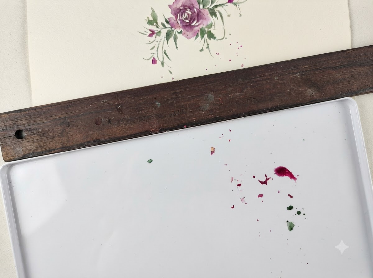 Eine Aquarellpalette zeigt eine hellere lilafarbene Lasur, die gemischt und bereit für die nächste Schicht von Blütenblättern ist.