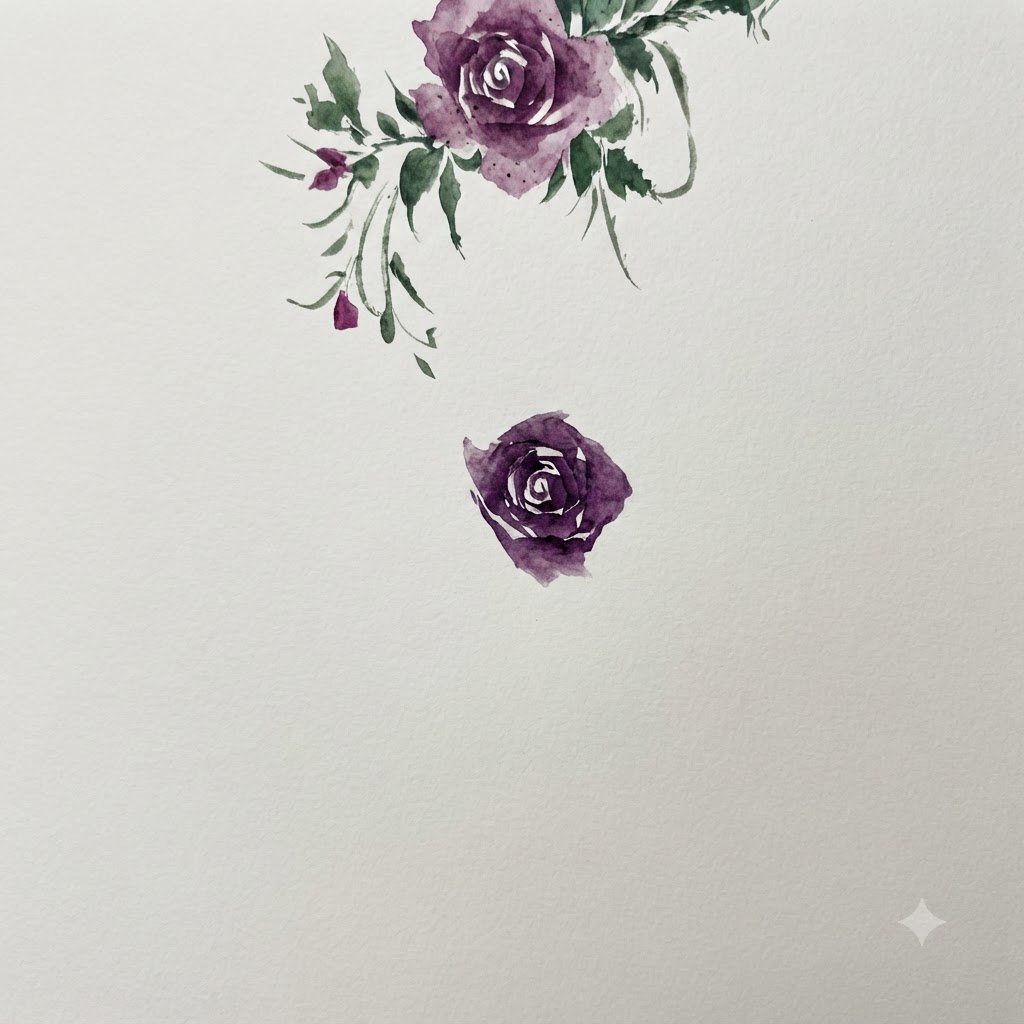 Ein Aquarellpinsel tupft hellfarbige, unregelmäßige blühende Blütenblattformen nach außen von der zentralen Rose.