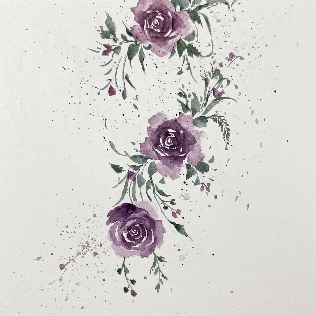 Aquarelllaub und offene Achter-Grünblätter, gemalt um die lila Rose herum.