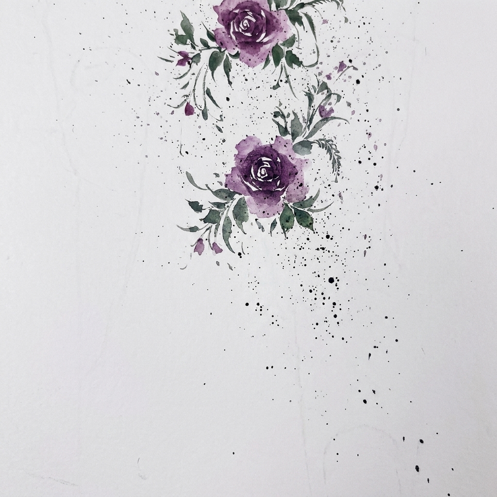 Eine zarte Aquarell-Nagelkunstkomposition mit kleinen Füllblättern und einem langen, schlanken Blattakzent.