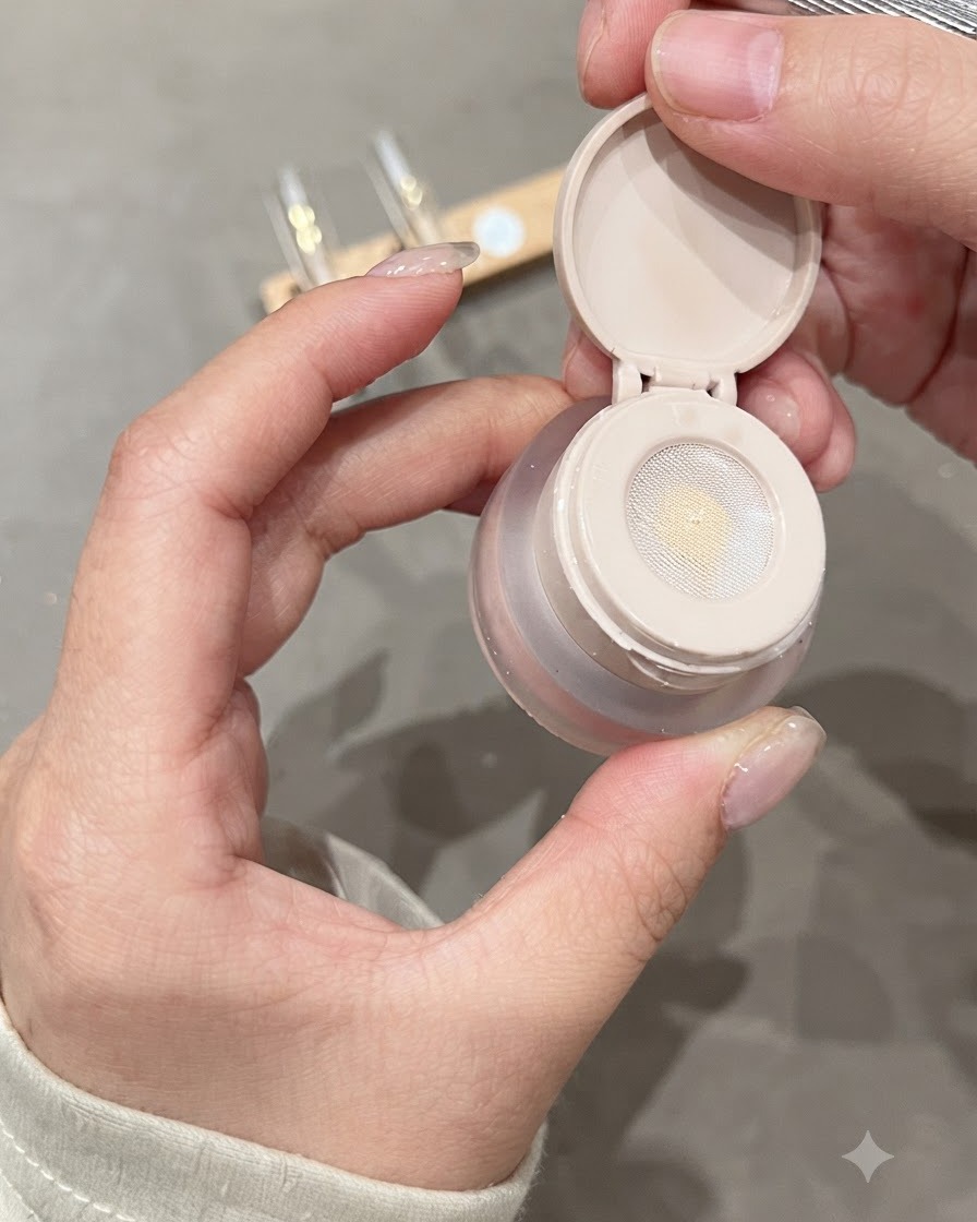 Eine Nahaufnahme mit einem schwammbesetzten Applikator, der Pat-Pat-Gel über eine durchsichtige Nagelspitze hält.