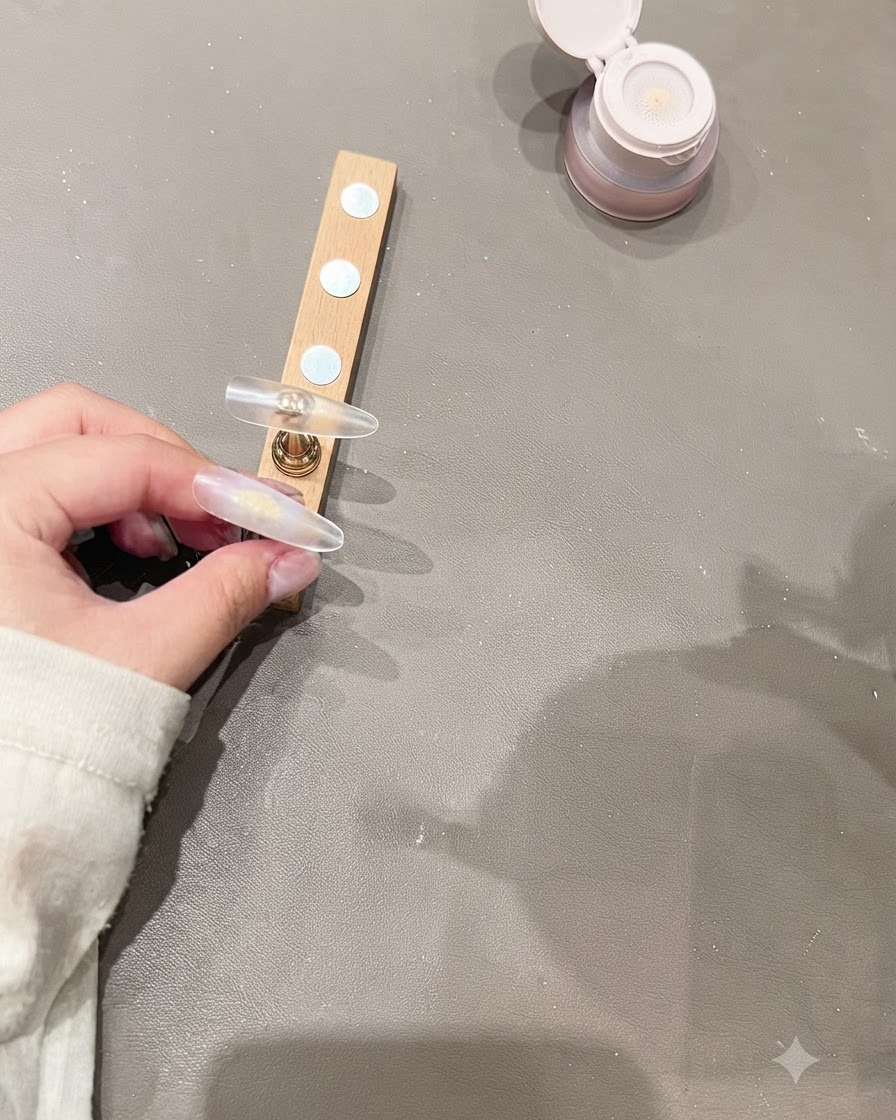 Eine Nagelspitze auf einem Holzständer neben einem Gelbehälter platziert.
